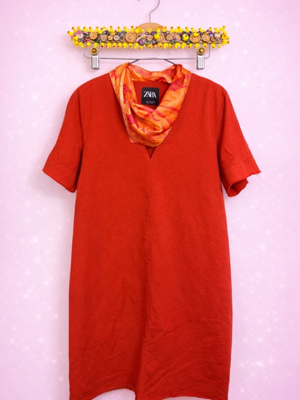 ZARA Coral Red Dress with Orange Patterned Scarf